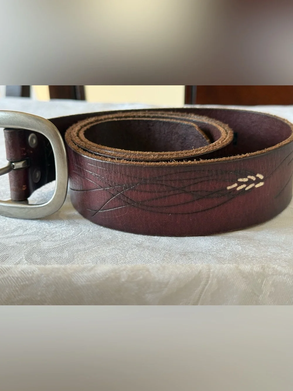 Brown Leather Belt with Brushed Silver Buckle